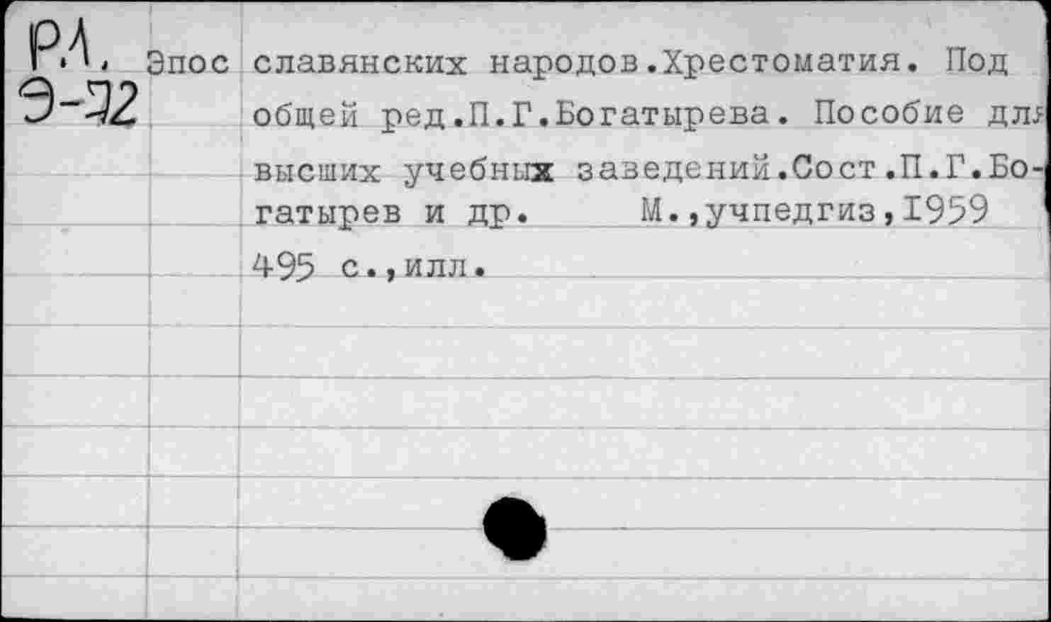 ﻿РЛ. 9-52	Эпос	славянских народов.Хрестоматия. Под общей ред.П.Г.Богатырева. Пособие дл;
		высших учебных заведений.Сост.П.Г.Богатырев и др.	М.,учпедгиз,1959
		495 с.,илл.
		
		
		
		
			ф	
		
		